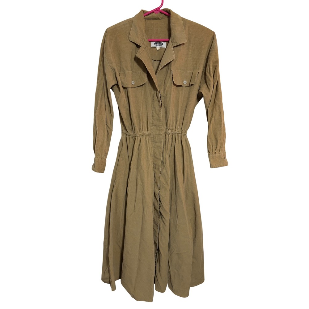 Clues Collections Corduroy Shirtdress Vintage Tan Leopard Trim 9-10